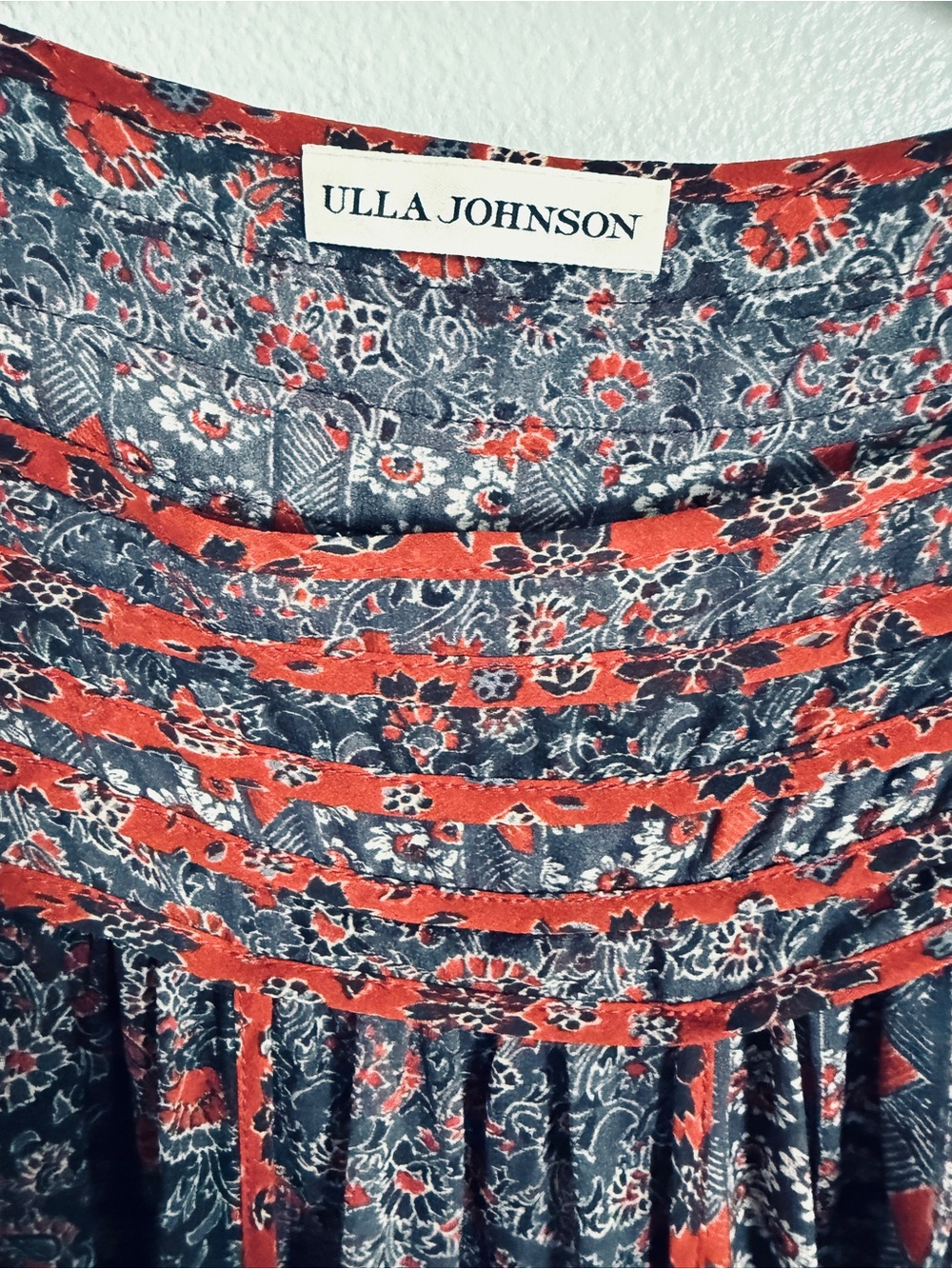 Ulla Johnson Red and Navy Floral Ruffle Cap-Sleeve Top - Picture 3 of 7